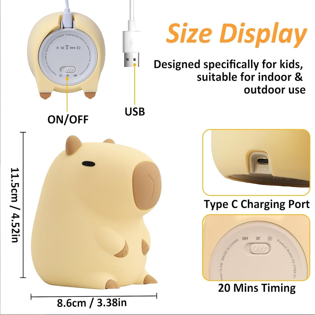 FULLOSUN Capybara Night Light, Cute Animal Soft Silicone LED Touch Lamp with Dimmable and Timer, Portable Rechargeable Toddler Bedroom Bedside Table Decor, Birthday Xmas Gifts for Kid Baby Boy Girl