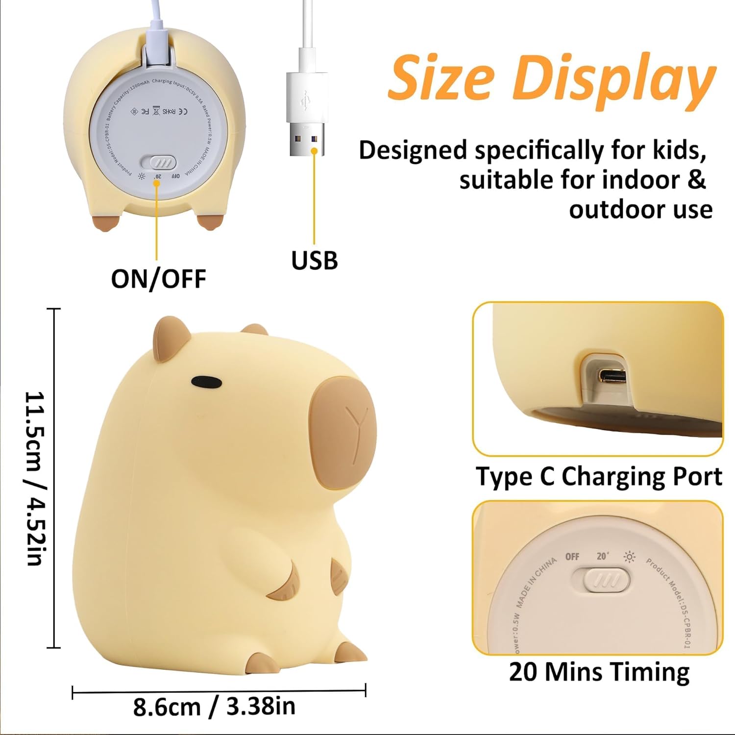 FULLOSUN Capybara Night Light, Cute Animal Soft Silicone LED Touch Lamp with Dimmable and Timer, Portable Rechargeable Toddler Bedroom Bedside Table Decor, Birthday Xmas Gifts for Kid Baby Boy Girl