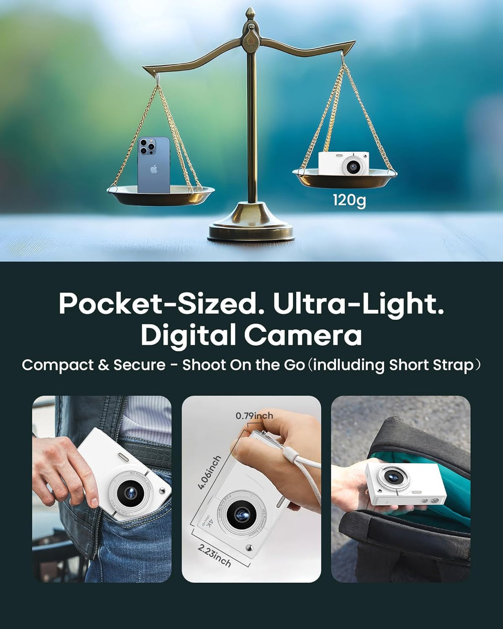 Digital Camera 4K with 64MP & 16X Digital Zoom - Autofocus Vlogging Camera with Anti-Shake, 64GB SD Card Included | Compact Travel Camera for YouTube Beginners, Teens & Adults (White)