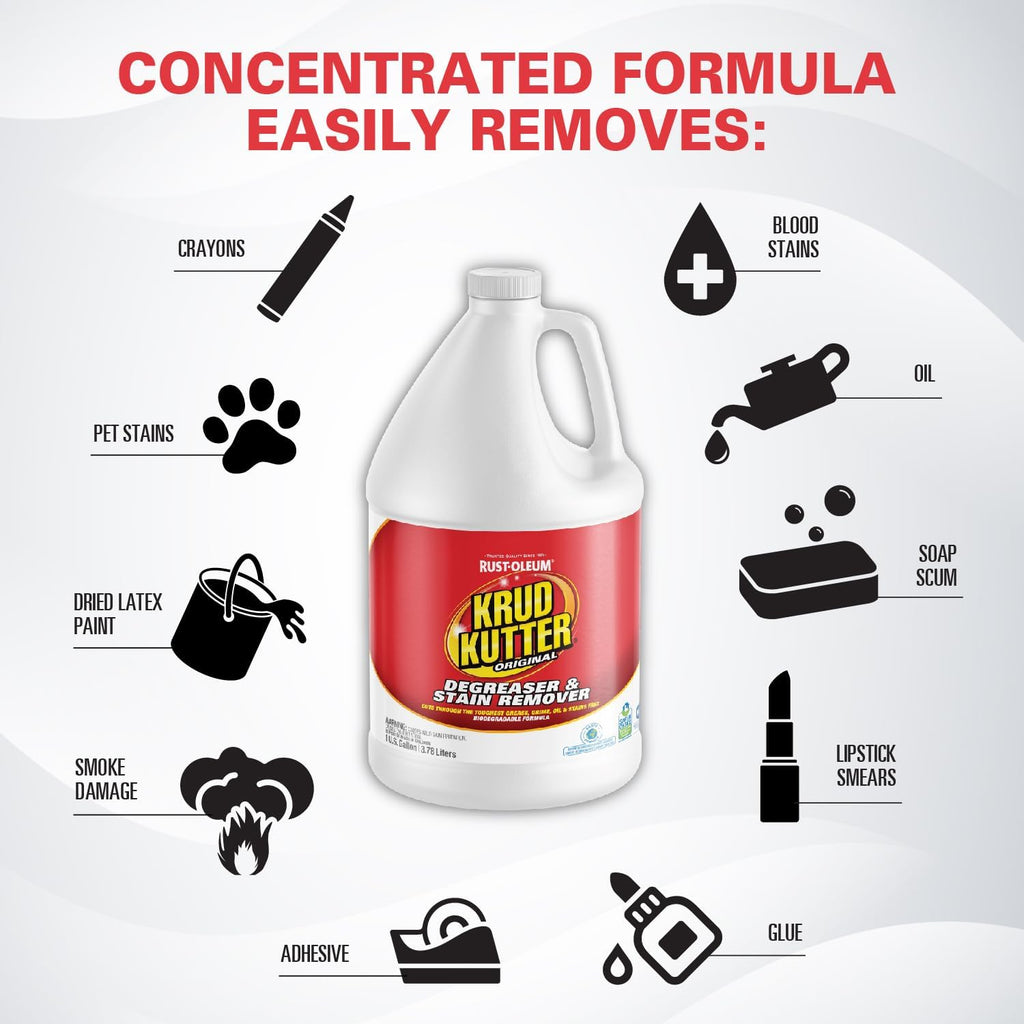 Krud Kutter Original Cleaner & Degreaser – All-Purpose, Biodegradable Stain Remover for Grease, Grime, Paint, & Tar, Safe for Use on Appliances, Walls, Upholstery & More, 3.78 Litre