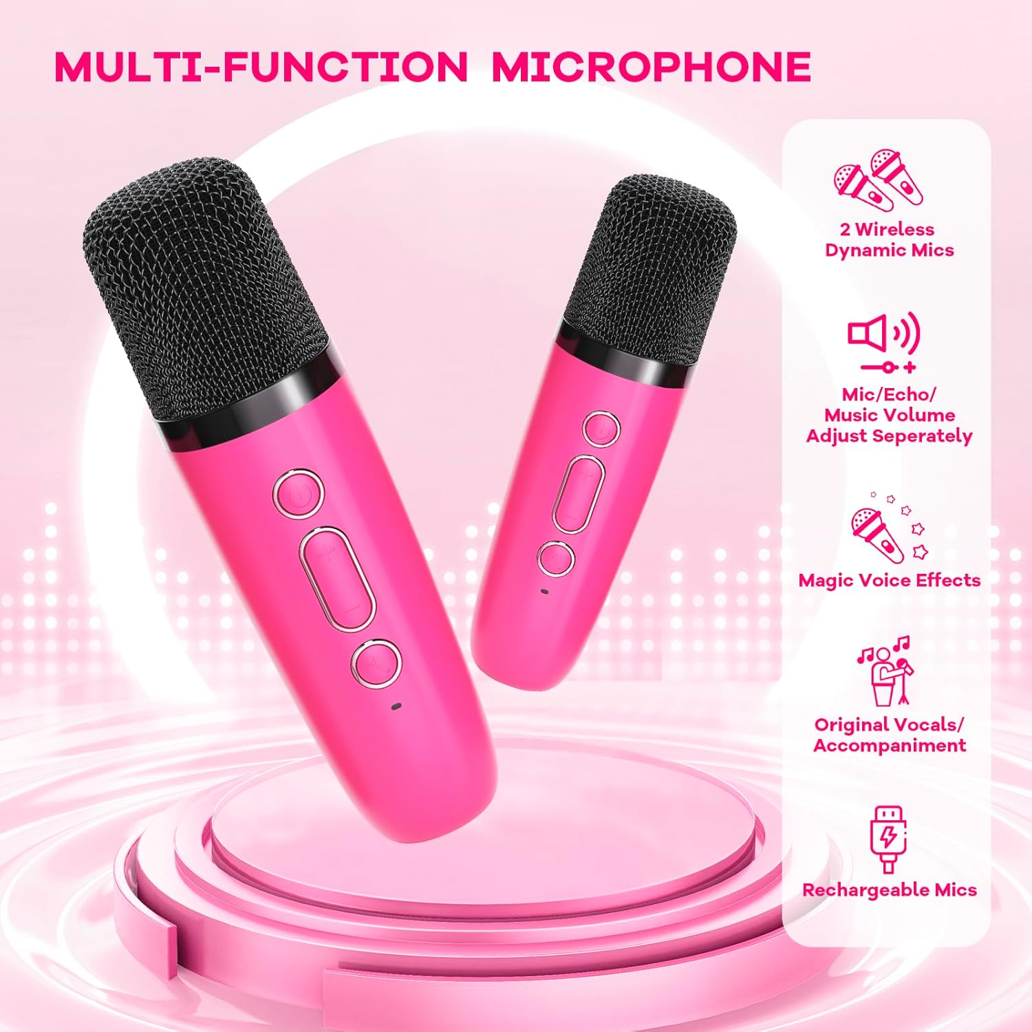 YLL Mini Karaoke Machine for Kids Adults, Portable Bluetooth Speaker with 2 Wireless Microphones,Toys Birthday Gifts for Girls Ages 4, 5, 6, 7, 8, 9, 10, 11, 12+ Years Old Toddler Teens (Pink)
