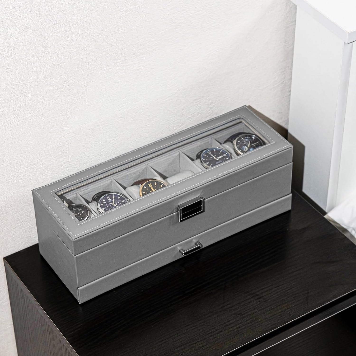 ProCase 3 Slot Watch Box with Drawer, Double-layer Jewelry Organizer Box with Glass Lid