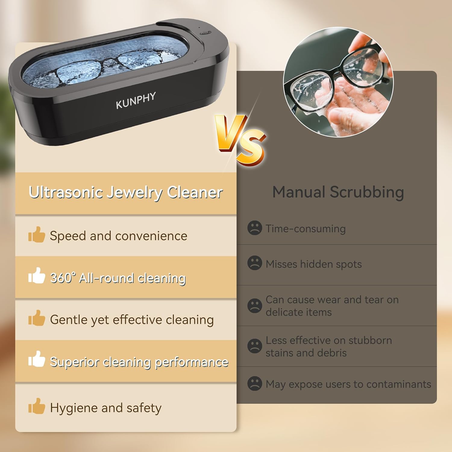 KUNPHY Ultrasonic Jewelry Cleaner, Jewellry Cleaner Machine 350ml 46KHz, Professional Sonic Cleaner with One-Touch Operation, Ultrasonic Cleaner for Rings, Glasses, Jewelry, Dentures