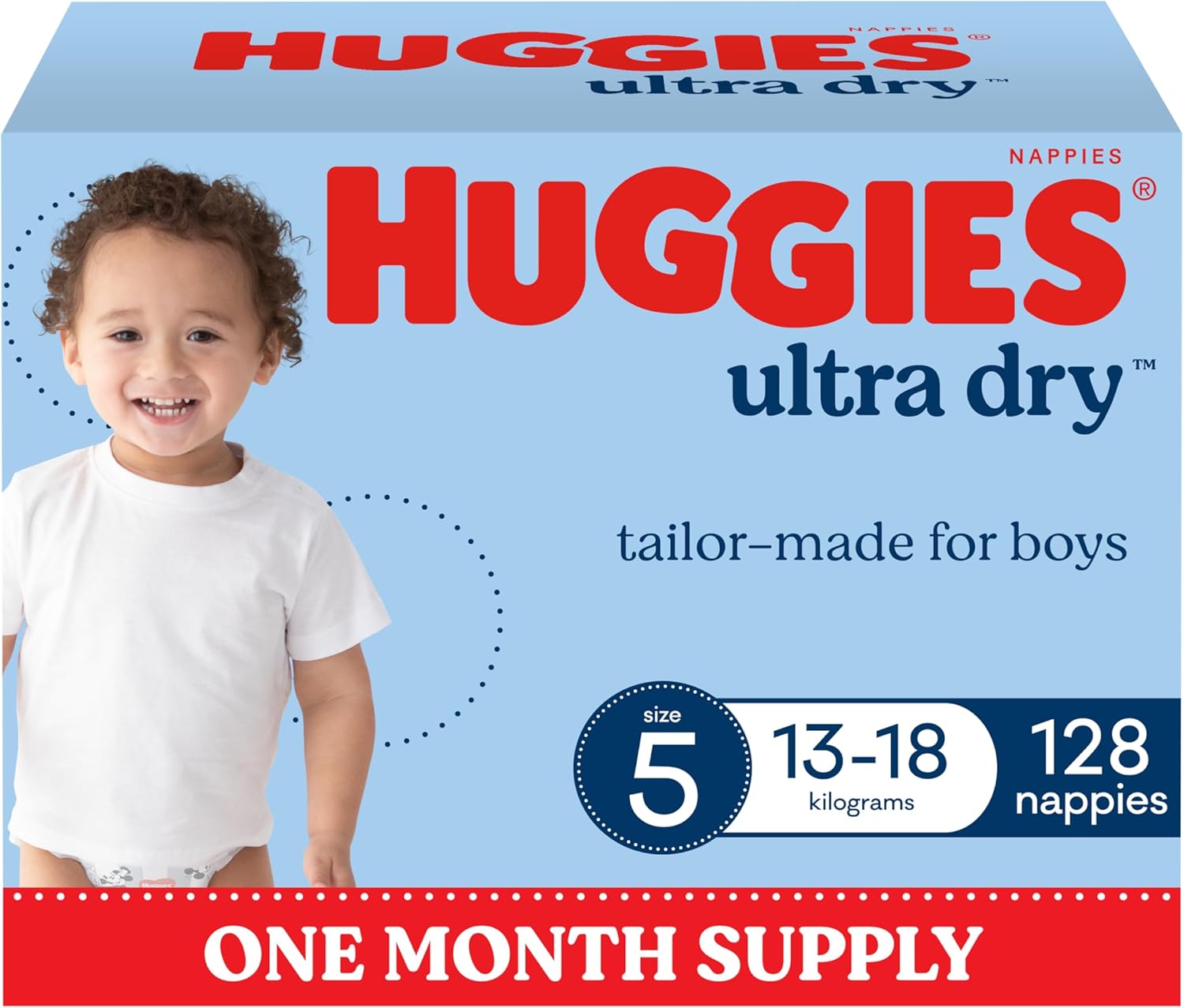 Huggies Ultra Dry Nappies Boys Size 5 (13-18kg) 128 Count - One Month Supply (Packaging May Vary)