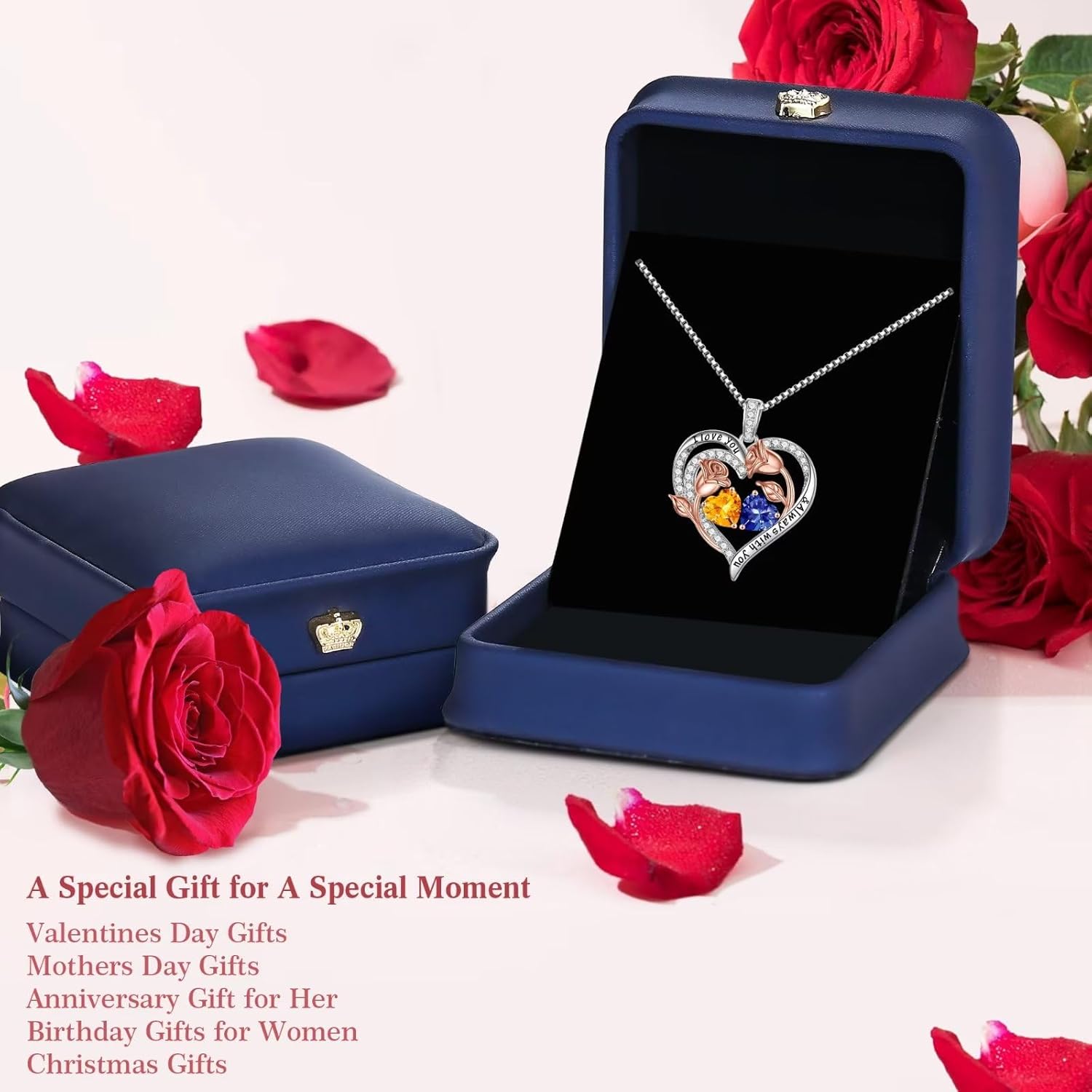Iefil Christmas Gifts for Women Wife - 925 Sterling Silver Rose Heart Birthstone Necklace Birthday Anniversary Jewelry Gifts for Her Wife Mom Daughter