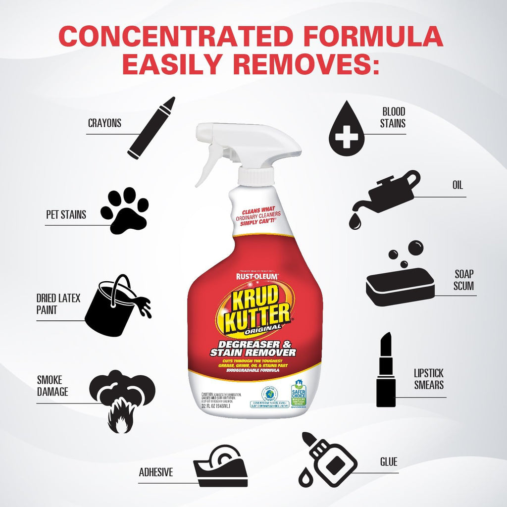 Krud Kutter Original Cleaner & Degreaser – All-Purpose, Biodegradable Stain Remover for Grease, Grime, Paint, & Tar, Safe for Use on Appliances, Walls, Upholstery & More, 3.78 Litre