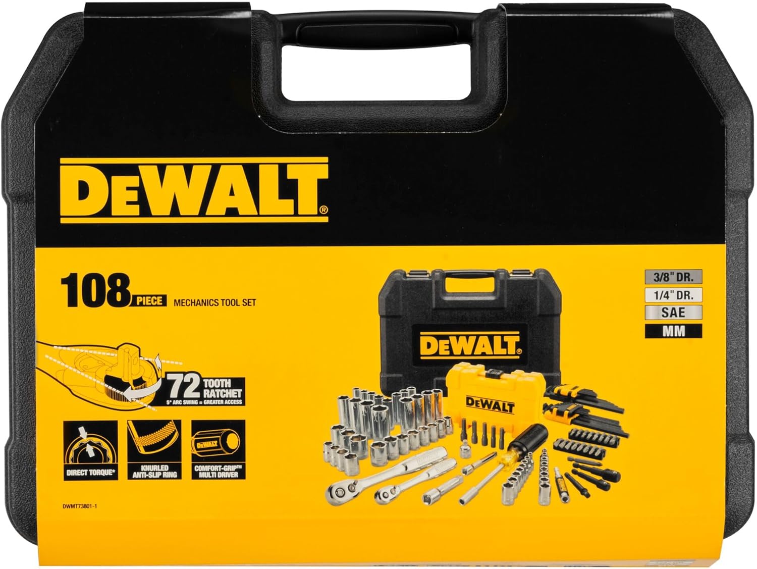 DEWALT Mechanics Tools Kit and Socket Set, 1/4" & 3/8" Drive, SAE, 108-Piece (DWMT73801)