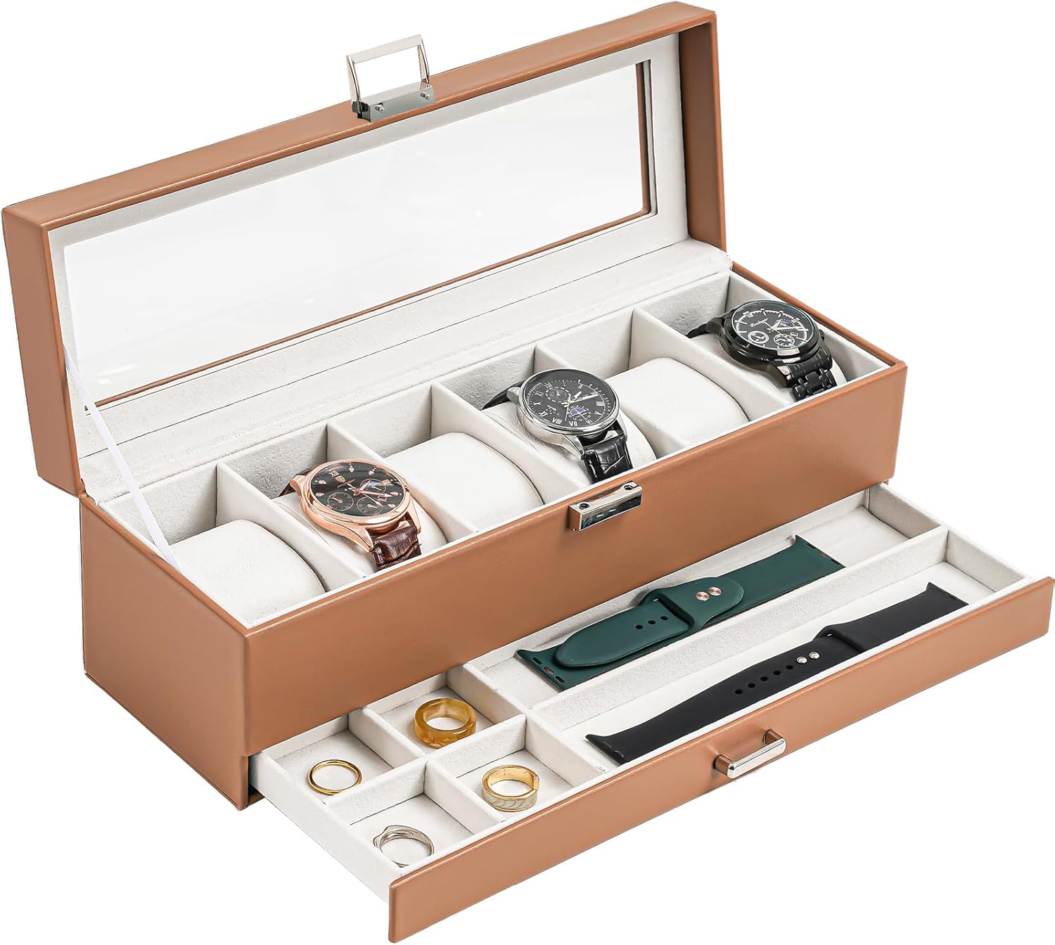 ProCase 3 Slot Watch Box with Drawer, Double-layer Jewelry Organizer Box with Glass Lid