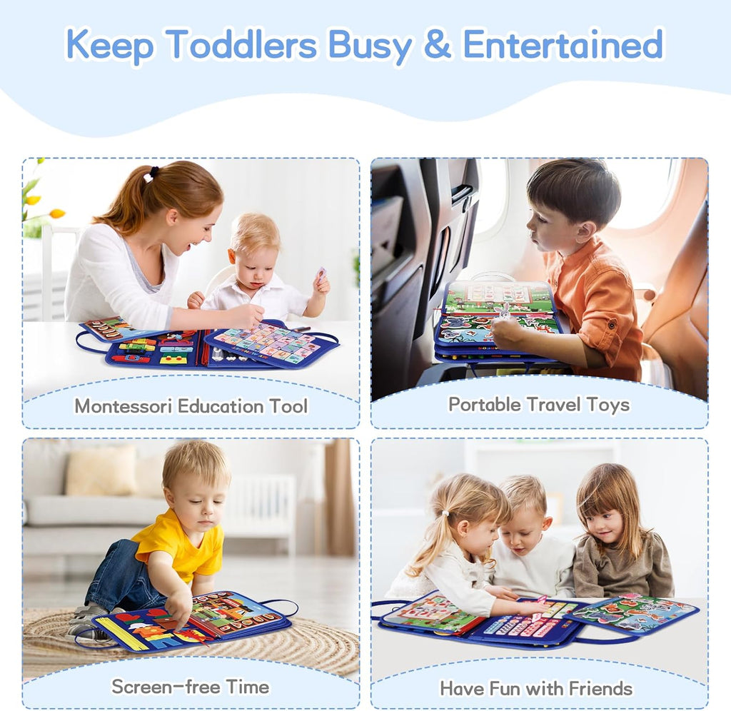UltraCozy Busy Board, Montessori Toys for Toddlers, Toddler Sensory Toys Preschool Educational Busy Book Travel for Toddlers 3 4 5 Year Old Girls Boys Plane Car Activities Baby Quiet Book (Blue)
