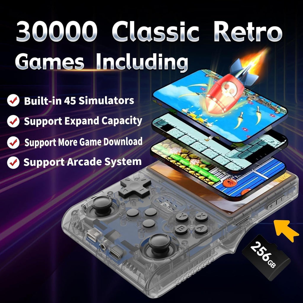 R36s Retro Gaming Console 3.5 Inch 21000+ Games Retro Handheld Game Console, Video Game Console with Dual Stylem Linux/Garlic Supports & Dual 3D Joysticks -128G -Purple