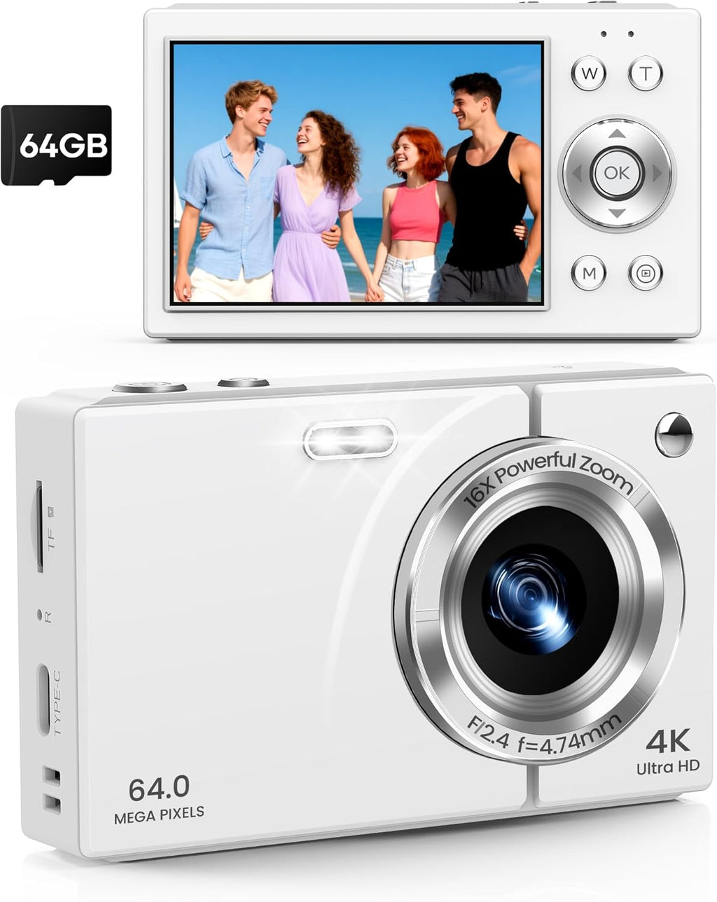 Digital Camera 4K with 64MP & 16X Digital Zoom - Autofocus Vlogging Camera with Anti-Shake, 64GB SD Card Included | Compact Travel Camera for YouTube Beginners, Teens & Adults (White)