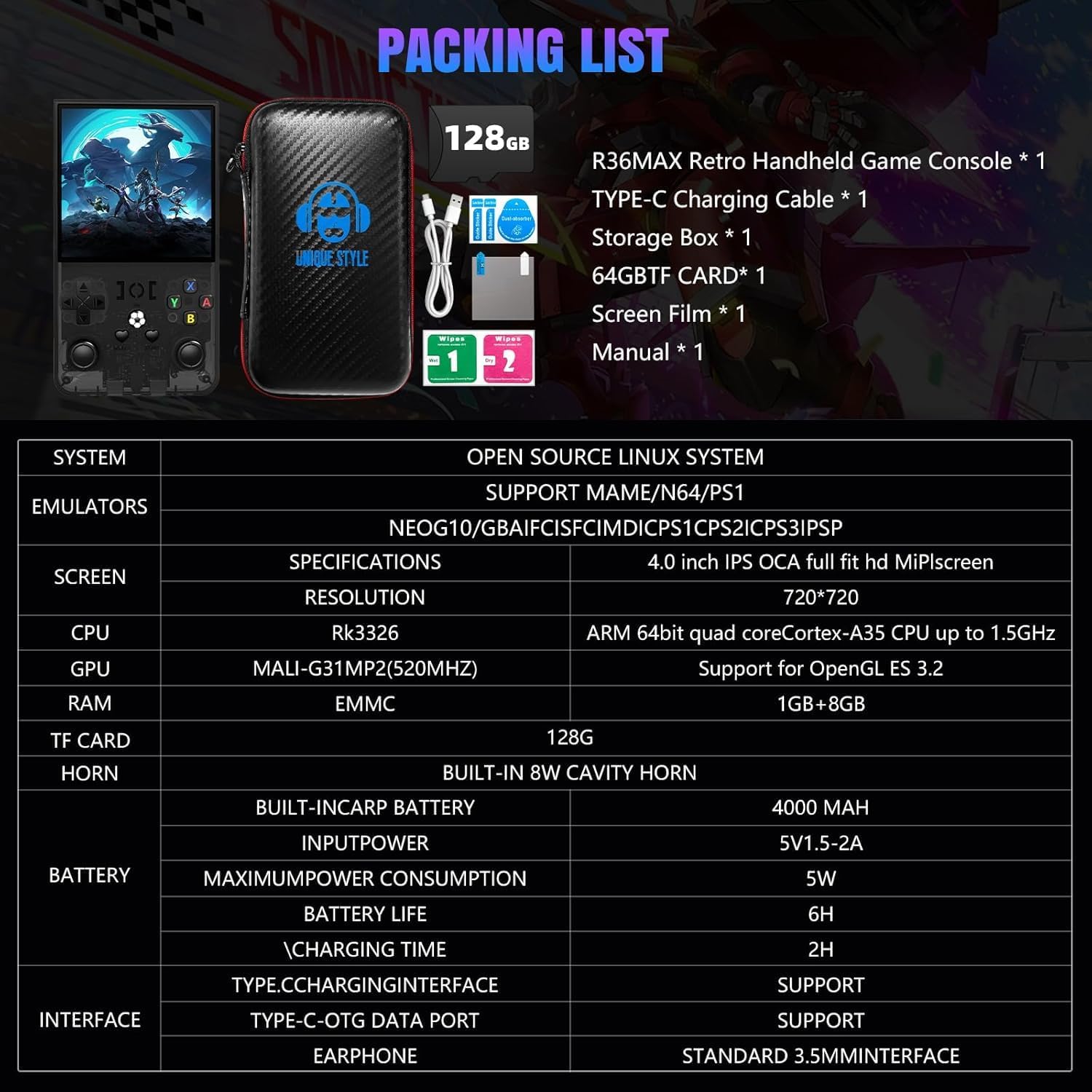 R36s Retro Gaming Console 3.5 Inch 21000+ Games Retro Handheld Game Console, Video Game Console with Dual Stylem Linux/Garlic Supports & Dual 3D Joysticks -128G -Purple