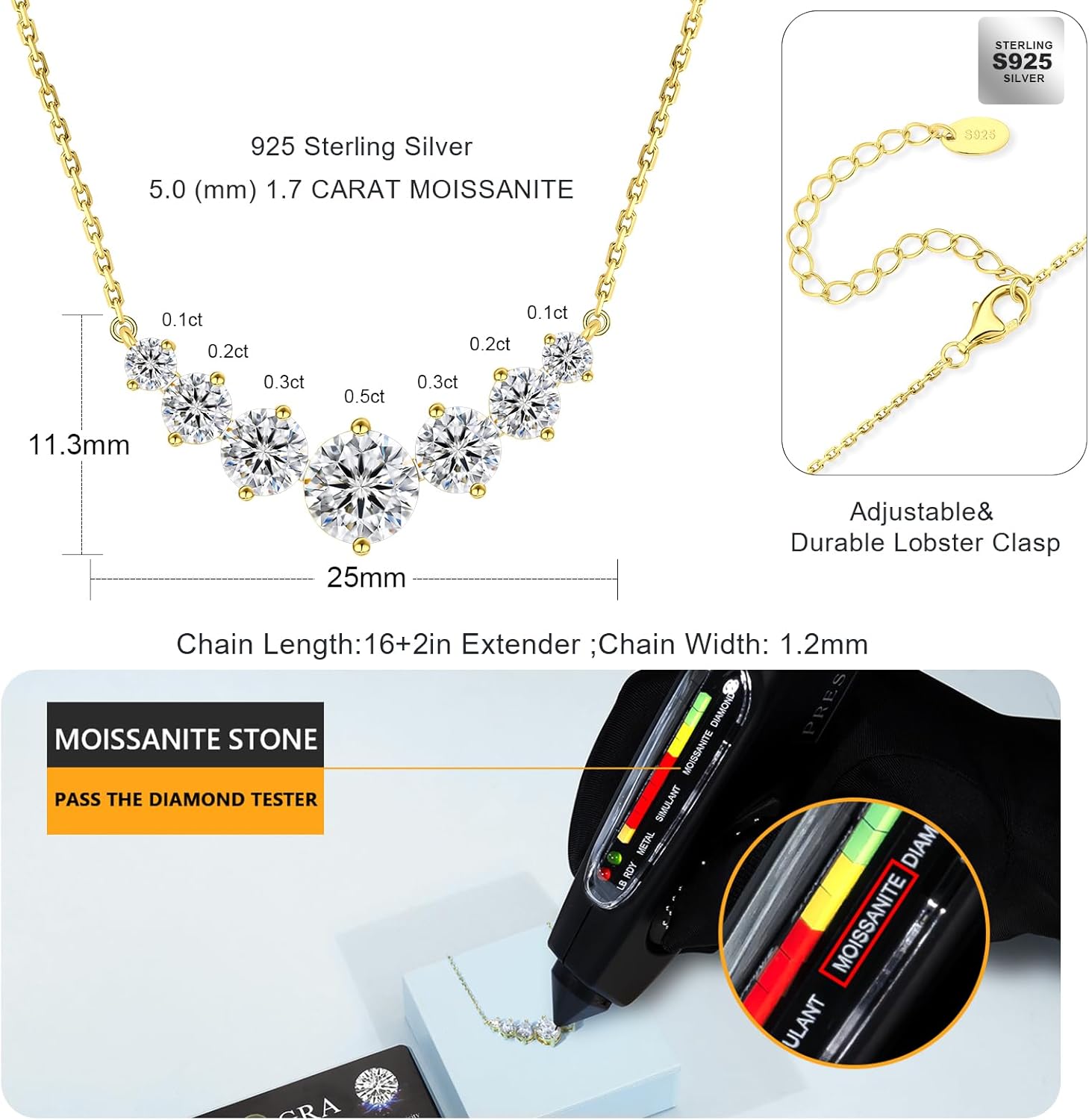 KRKCLIFE Moissanite Pendant Necklace for Women,Lab Created Diamond Necklace for Her,VVS1 D Color,Adjustable S925 Sterling Silver Chain 14K Golden Plated,Valentines Christmas Birthday Gifts