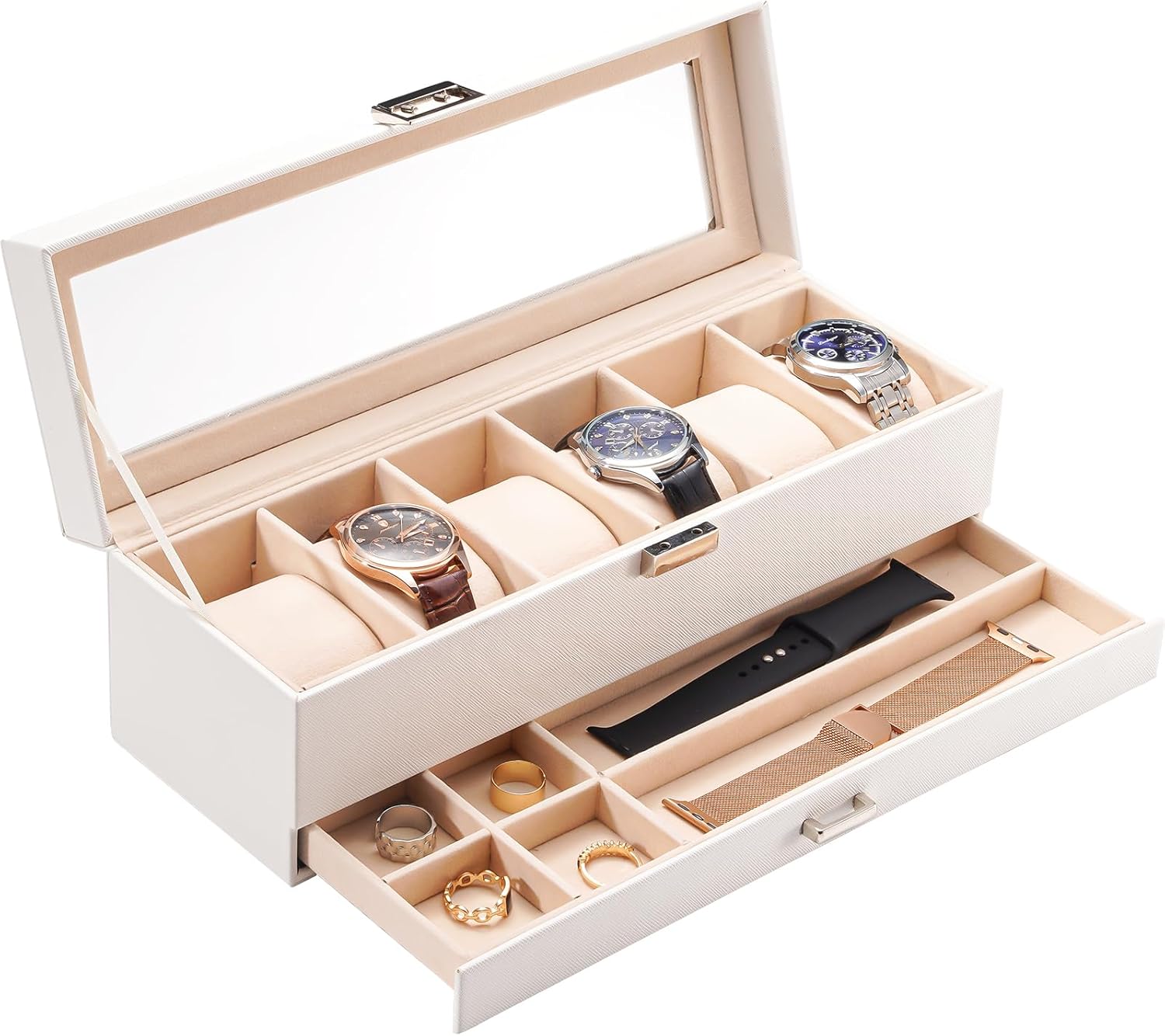 ProCase 3 Slot Watch Box with Drawer, Double-layer Jewelry Organizer Box with Glass Lid