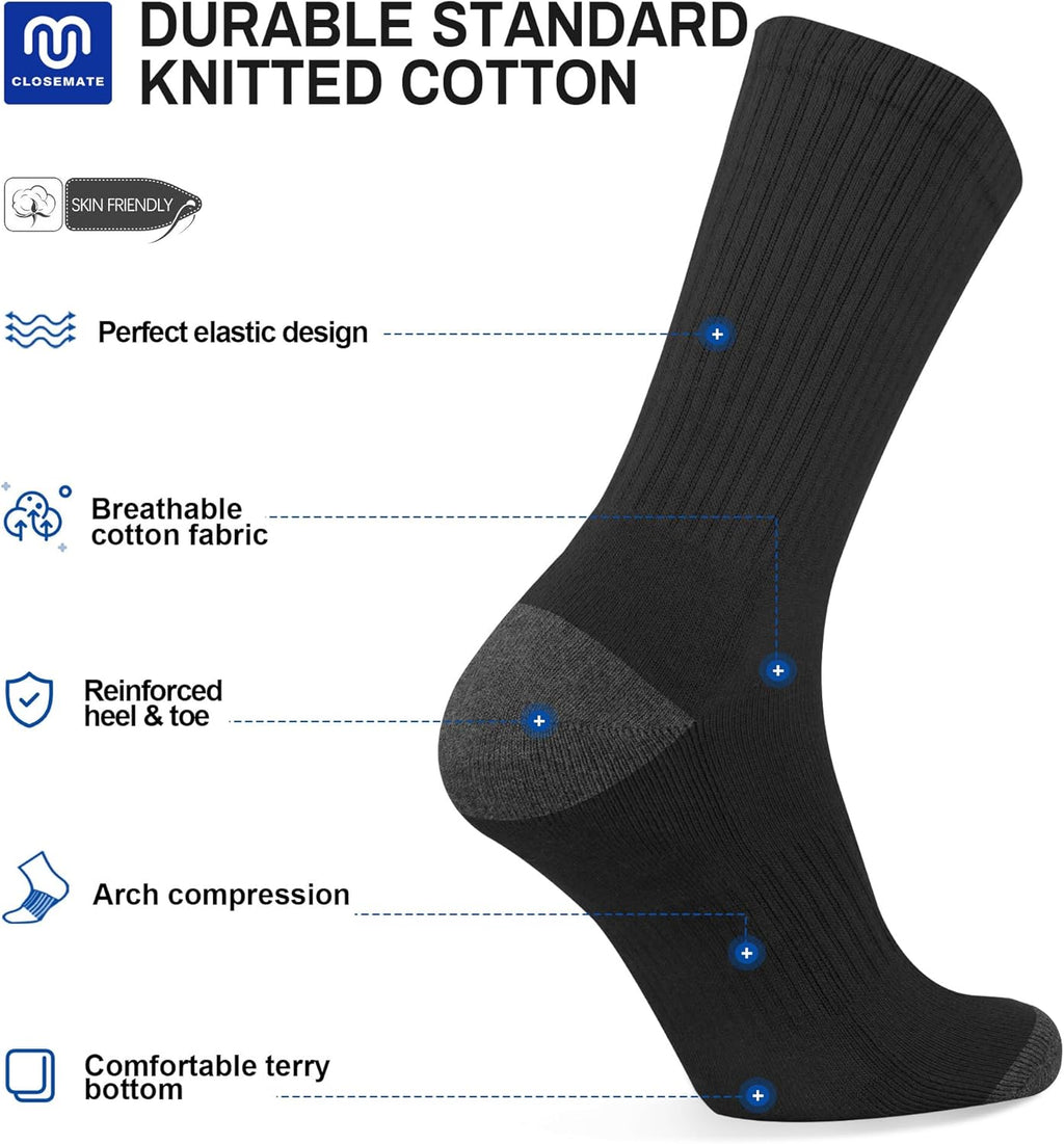 CLOSEMATE Mens Athletic Cushioned Crew Socks 6 Pairs Cotton Breathable for Work Training Sports