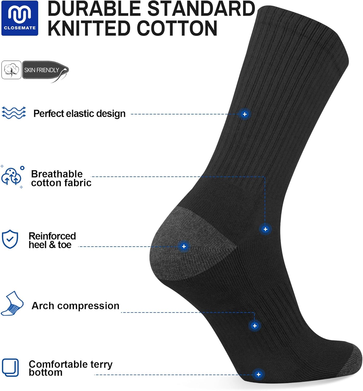 CLOSEMATE Mens Athletic Cushioned Crew Socks 6 Pairs Cotton Breathable for Work Training Sports