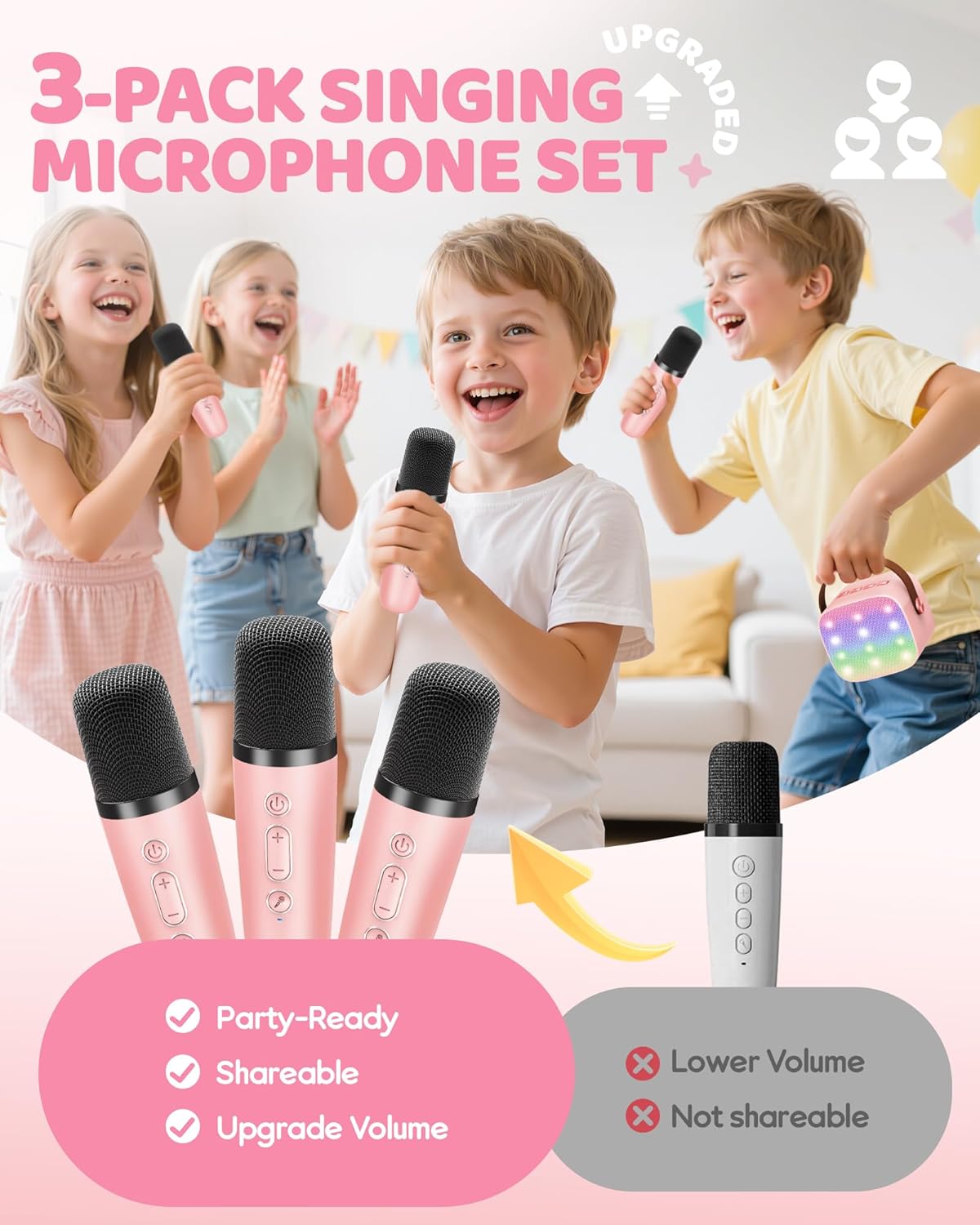 YLL Mini Karaoke Machine for Kids Adults, Portable Bluetooth Speaker with 2 Wireless Microphones,Toys Birthday Gifts for Girls Ages 4, 5, 6, 7, 8, 9, 10, 11, 12+ Years Old Toddler Teens (Pink)