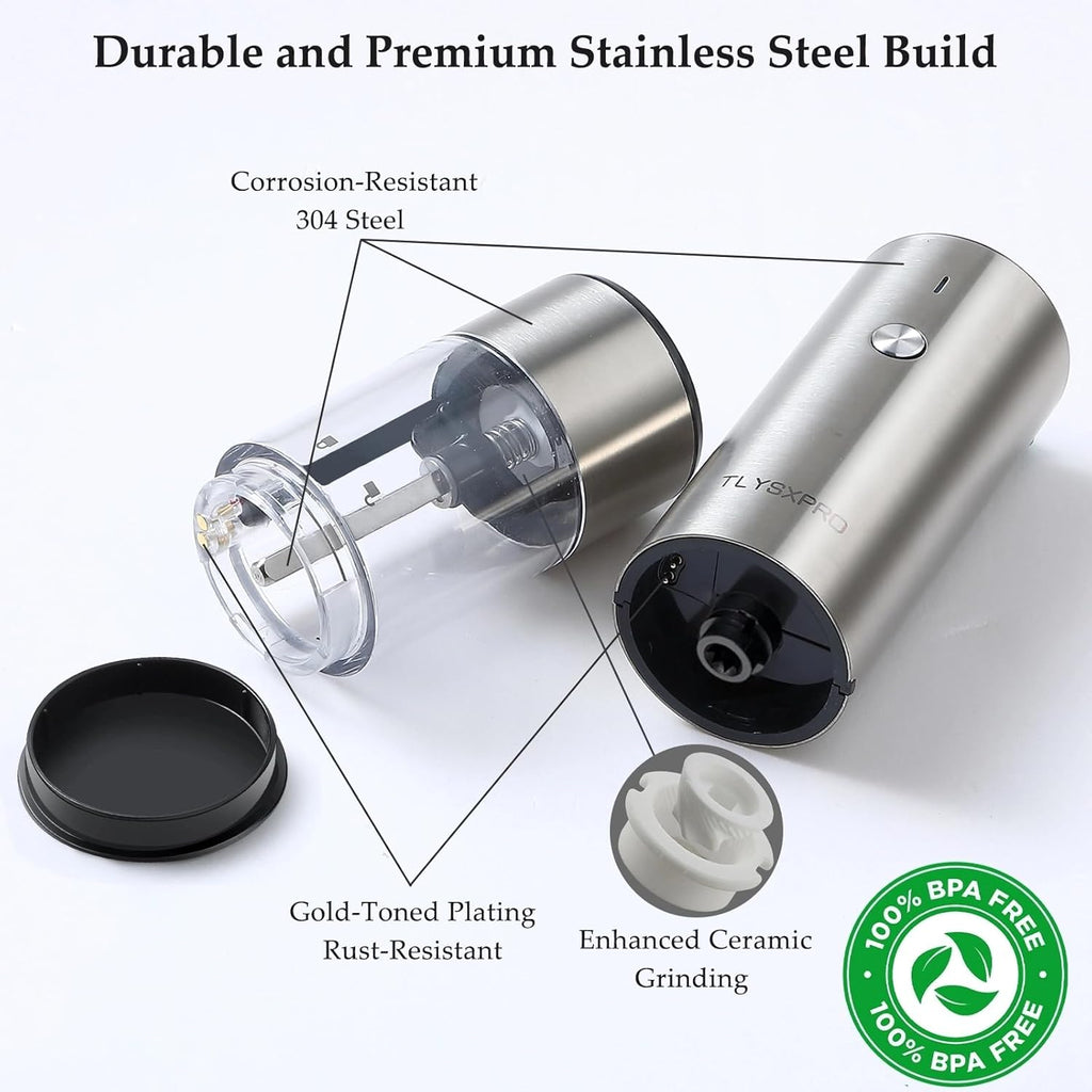 Electric Salt and Pepper Grinder Set, USB Rechargeable, Automatic Salt and Pepper Mill with Adjustable Coarseness, Electric Pepper Shakers, LED Light, Refillable, Kitchen Gadgets (2 Packs, Black)