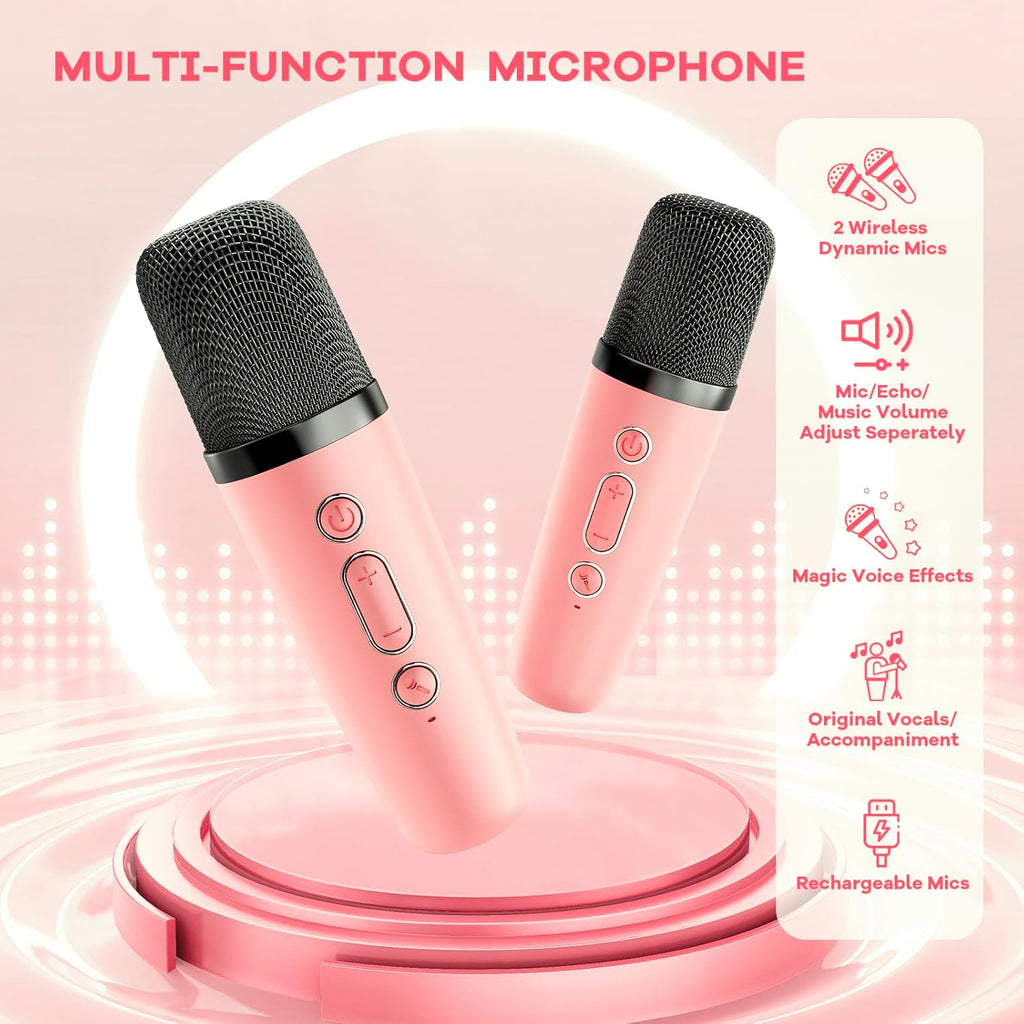 YLL Mini Karaoke Machine for Kids Adults, Portable Bluetooth Speaker with 2 Wireless Microphones,Toys Birthday Gifts for Girls Ages 4, 5, 6, 7, 8, 9, 10, 11, 12+ Years Old Toddler Teens (Pink)