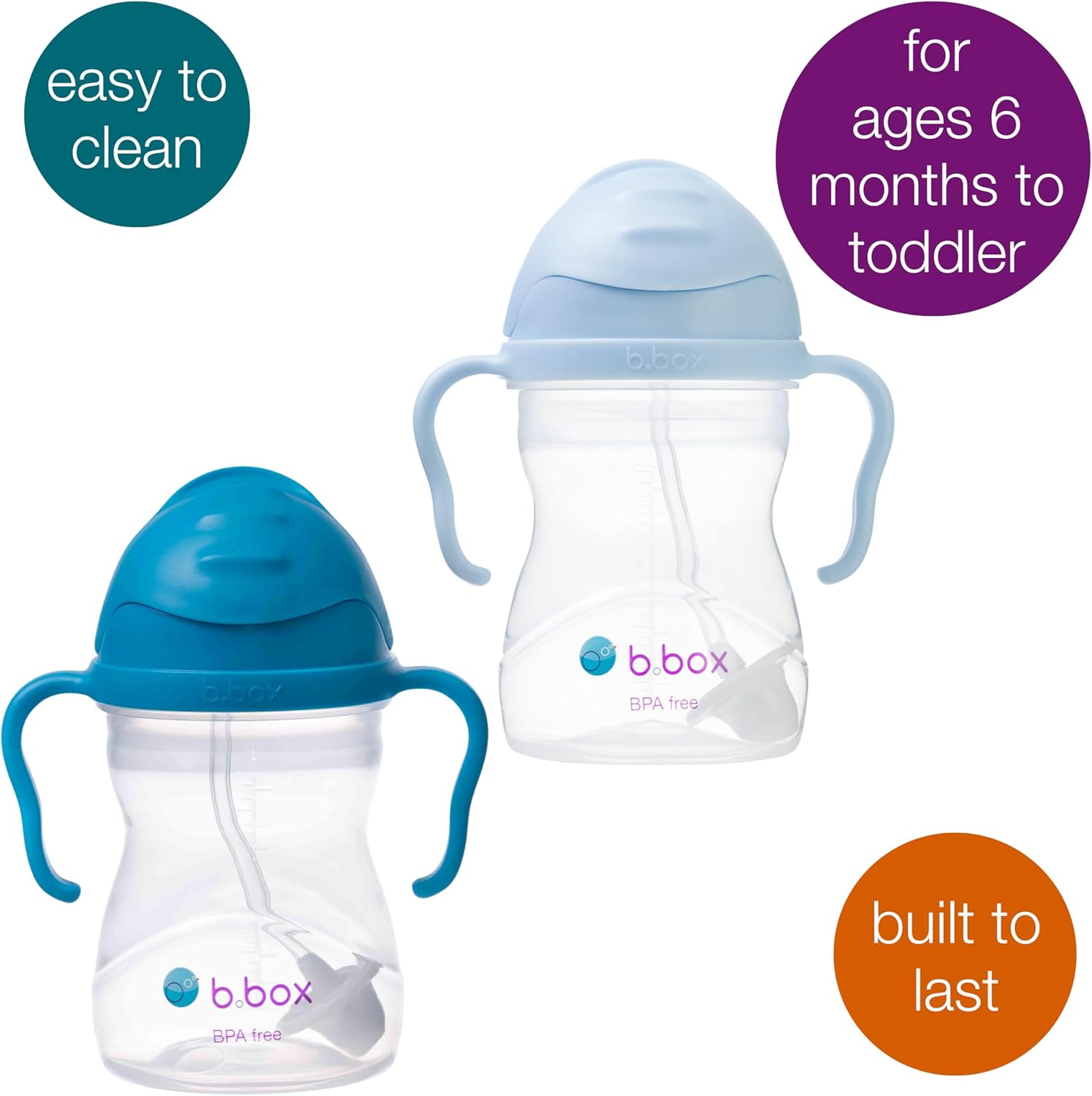 b.box Sippy Cup with Weighted Straw for 6 Month Plus Babies to Toddlers, Grape/Boysenberry, 240 ml Capacity (Pack of 2)