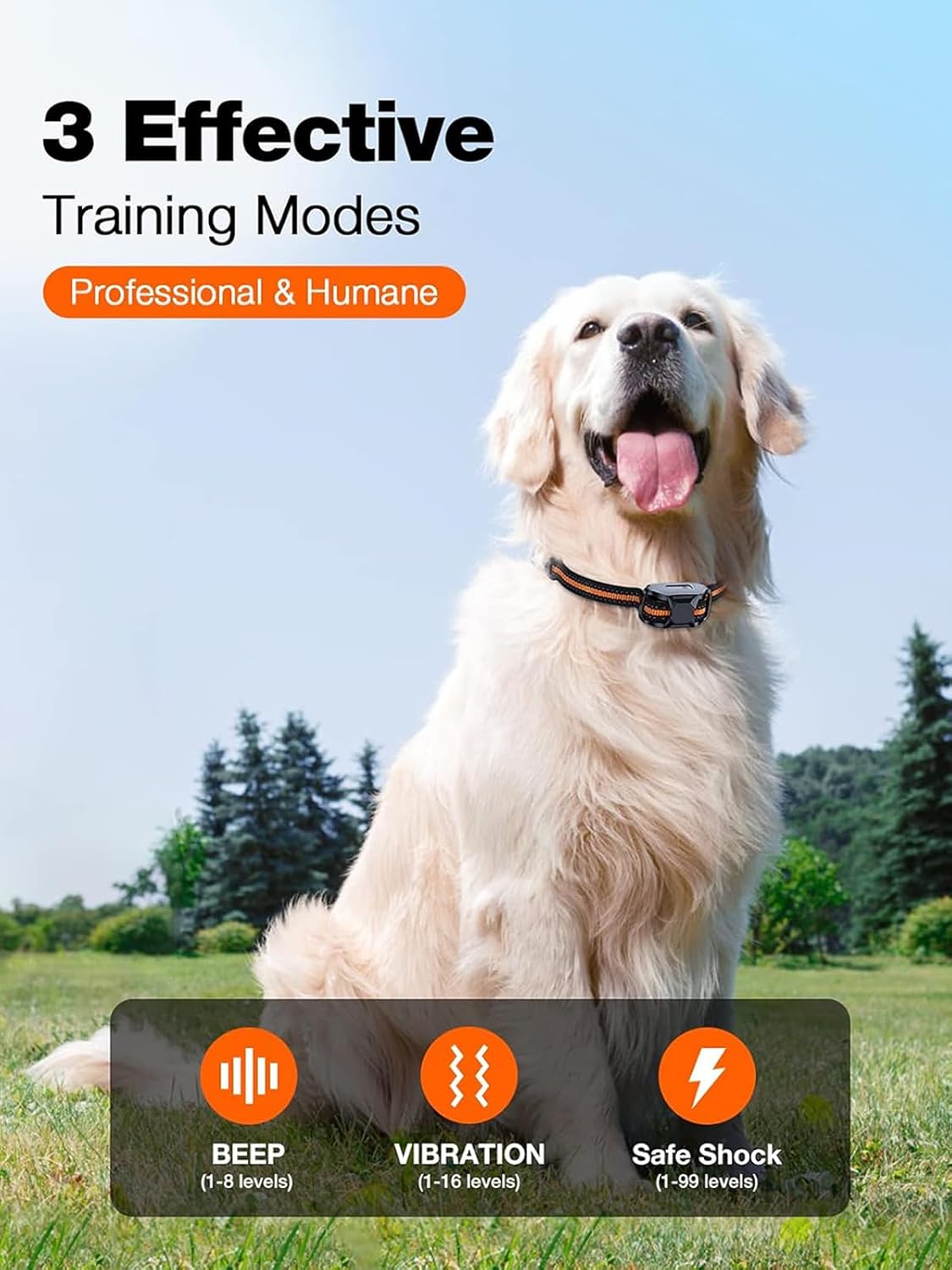 Dog Shock Collar - Dog Training Bark Collar with Remote for 2-55kg Small Medium Large Dogs Rechargeable Waterproof e Collar with Beep (1-8), Vibration(1-16), Safe Shock(1-99) (Orange)