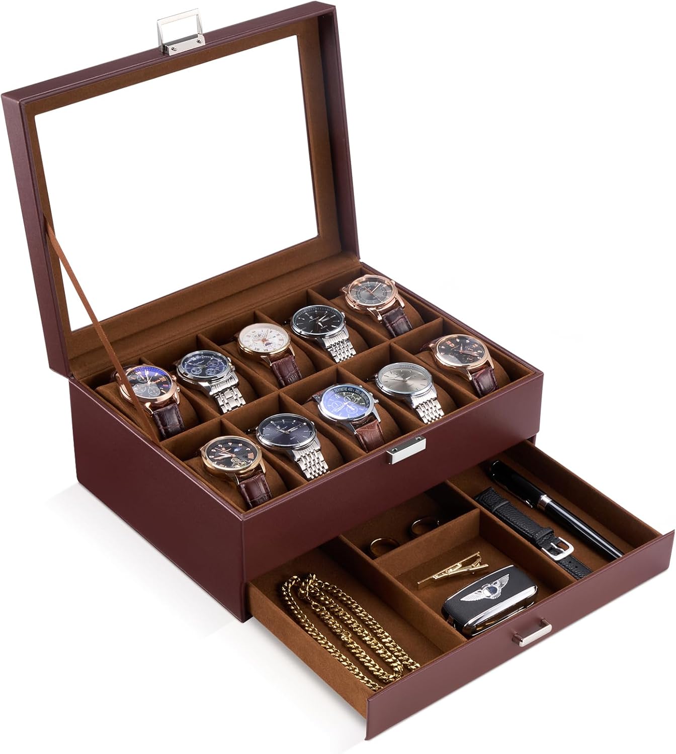 ProCase 3 Slot Watch Box with Drawer, Double-layer Jewelry Organizer Box with Glass Lid