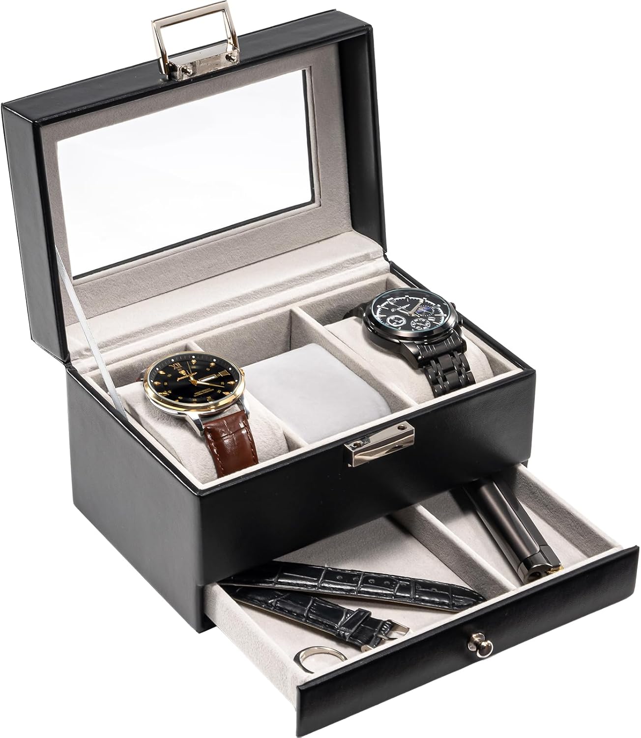 ProCase 3 Slot Watch Box with Drawer, Double-layer Jewelry Organizer Box with Glass Lid