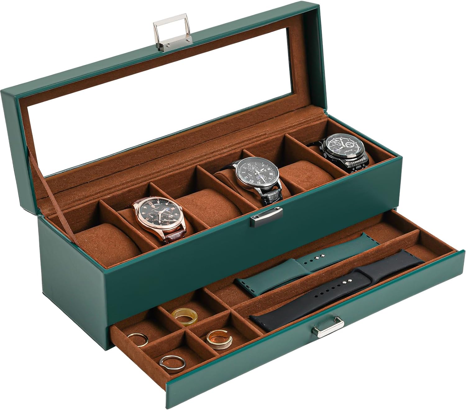 ProCase 3 Slot Watch Box with Drawer, Double-layer Jewelry Organizer Box with Glass Lid