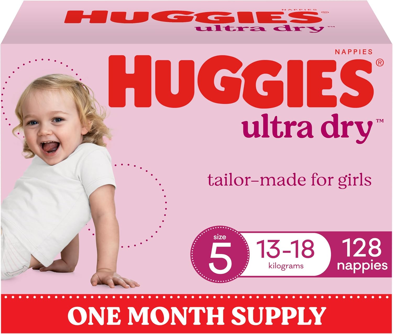 Huggies Ultra Dry Nappies Girls Size 4 (10-15kg) 144 Count - One Month Supply (Packaging May Vary)