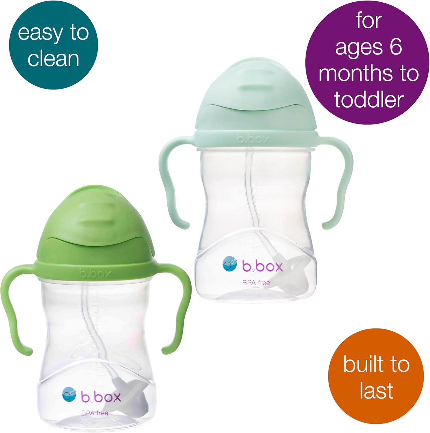 b.box Sippy Cup with Weighted Straw for 6 Month Plus Babies to Toddlers, Grape/Boysenberry, 240 ml Capacity (Pack of 2)