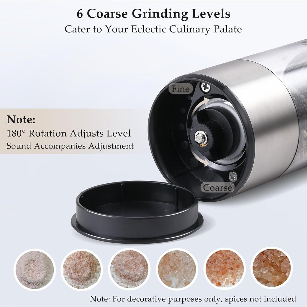 Electric Salt and Pepper Grinder Set, USB Rechargeable, Automatic Salt and Pepper Mill with Adjustable Coarseness, Electric Pepper Shakers, LED Light, Refillable, Kitchen Gadgets (2 Packs, Black)