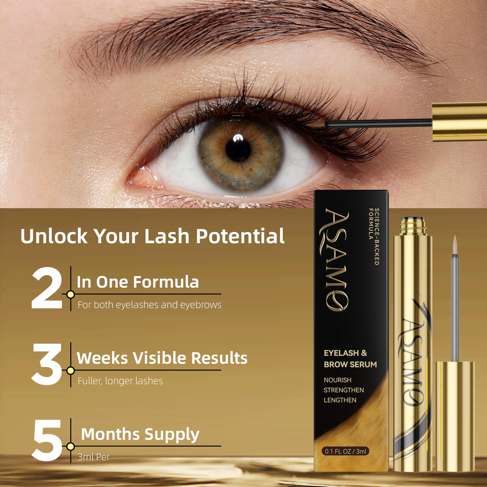 Eyelash Growth Serum – 15 Plant Extracts for Longer, Denser & Robust Lashes,Boosts Natural Lash Development,eyelash serum,Enhance Natural Beauty, Hypoallergenic Oil Free,lash growth serum（PURE GOLD）