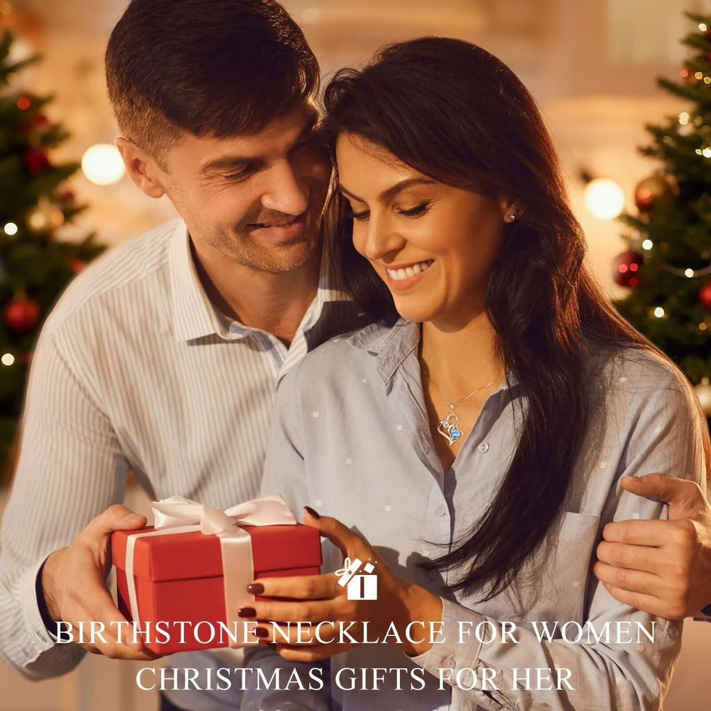 Iefil Christmas Gifts for Women - Double Heart Birthstone Necklace, 925 Sterling Silver Heart Pendant Necklace, Anniversary Birthday Gifts for Women | Personalized Jewelry Gift for Wife Mom Girlfriend