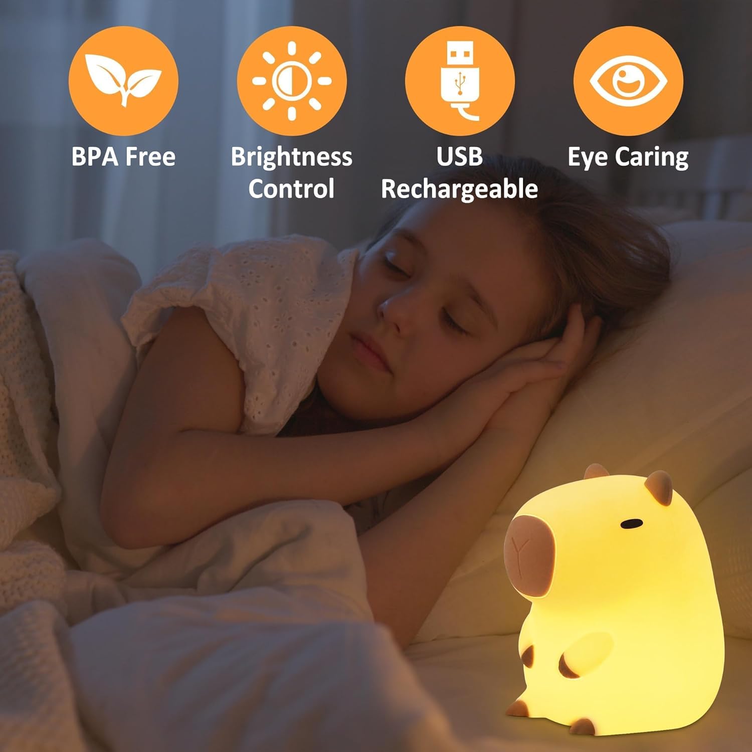 FULLOSUN Capybara Night Light, Cute Animal Soft Silicone LED Touch Lamp with Dimmable and Timer, Portable Rechargeable Toddler Bedroom Bedside Table Decor, Birthday Xmas Gifts for Kid Baby Boy Girl