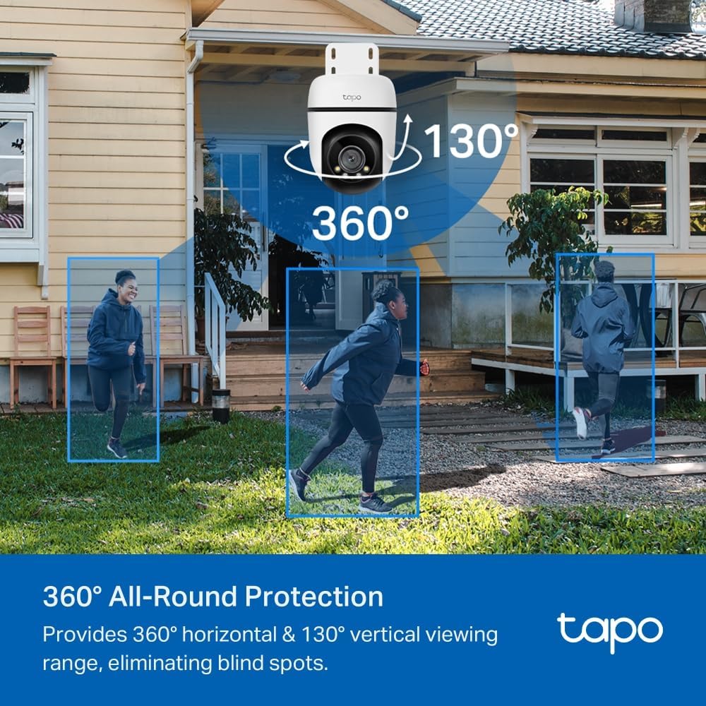 Tapo TP-Link Outdoor Security Wi-Fi Camera, Wireless, 2K, Full-Colour Night Vision, 24/7, 360°, Free AI Tracking, Smart Motion Detection, IP65, Sound & Light Alarm, microSD Card Slot (Tapo C510W)