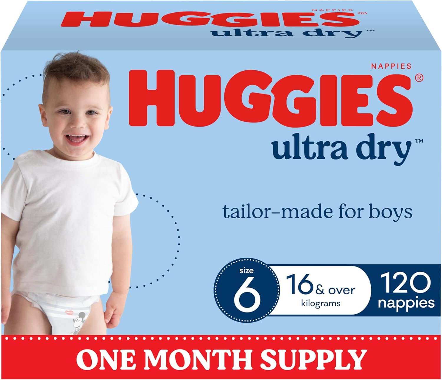 Huggies Ultra Dry Nappies Boys Size 5 (13-18kg) 128 Count - One Month Supply (Packaging May Vary)
