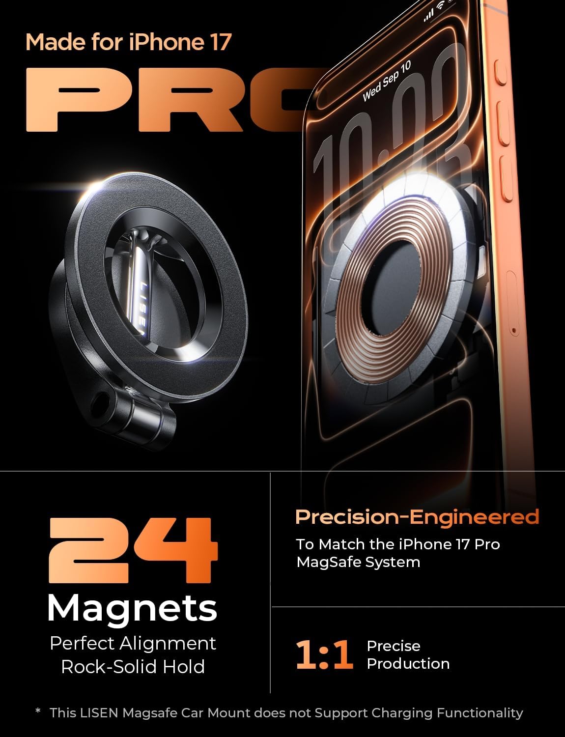 LISEN for Magsafe Car Mount 24 Permanent Magnets Magsafe Phone Holder Car Accessories for Cars Magnetic Car PhoneDash-Mounted Holders Fits iPhone 17 Air 16 Pro Max 15 Plus 14 13 for Business