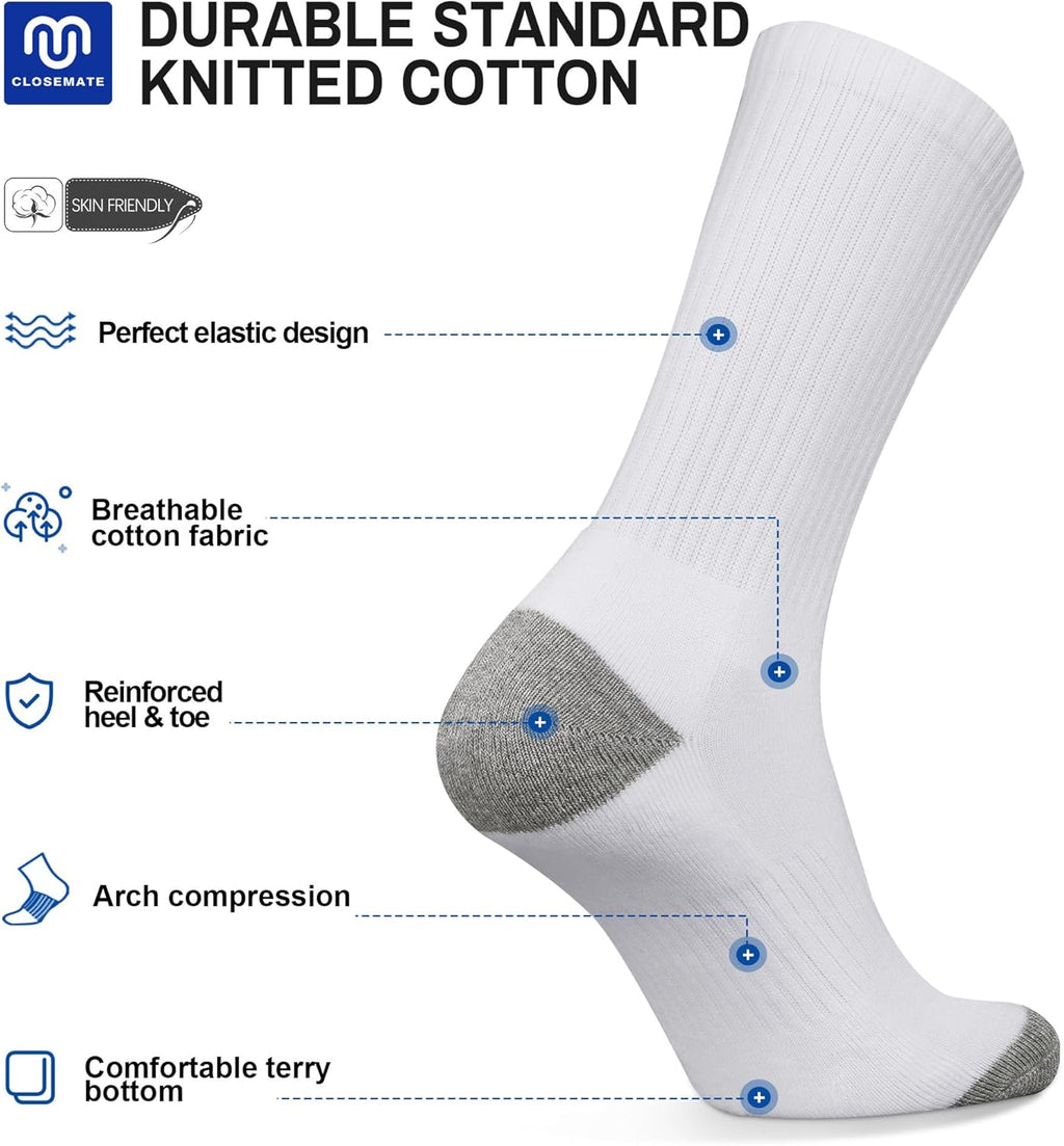 CLOSEMATE Mens Athletic Cushioned Crew Socks 6 Pairs Cotton Breathable for Work Training Sports