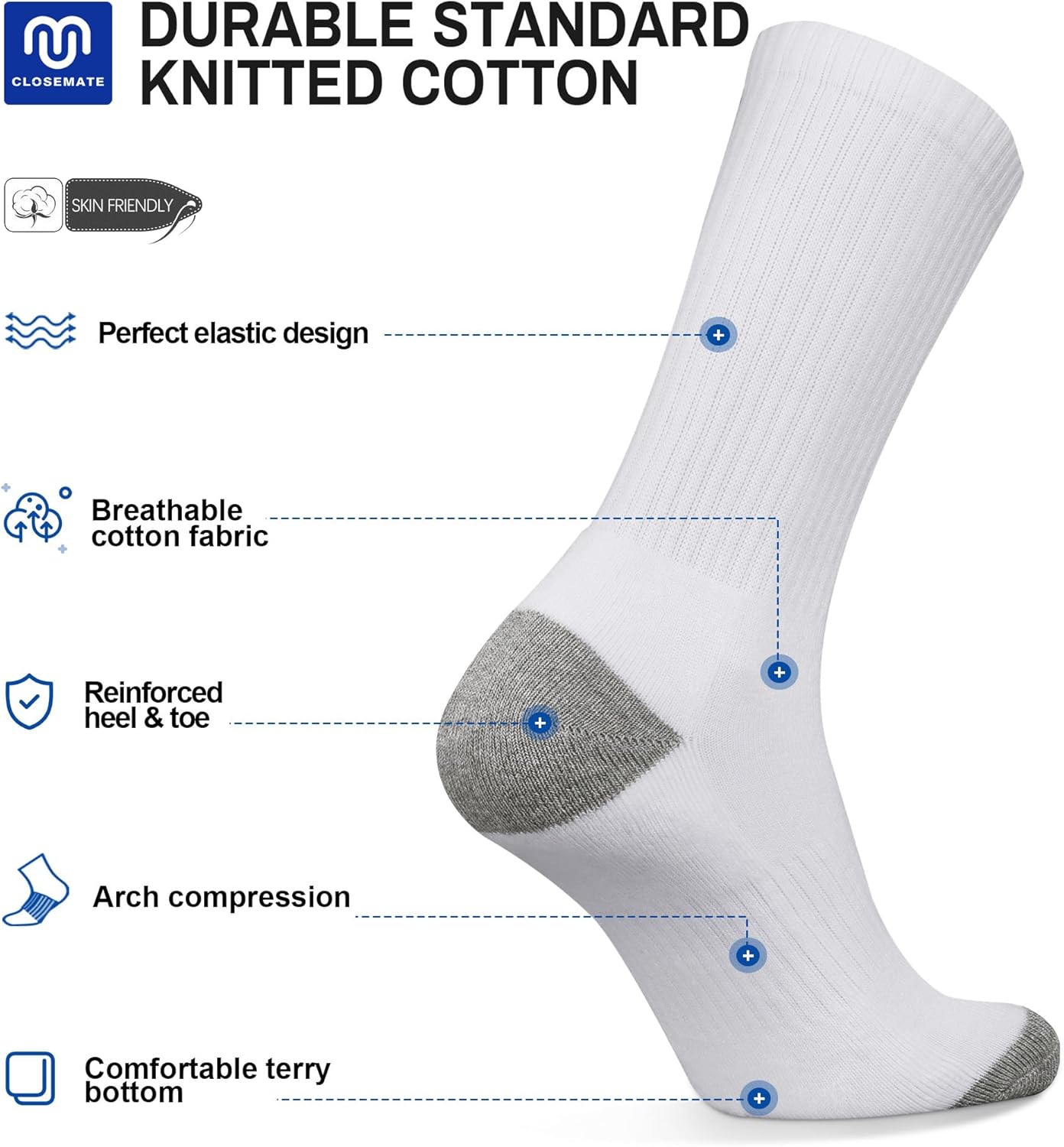 CLOSEMATE Mens Athletic Cushioned Crew Socks 6 Pairs Cotton Breathable for Work Training Sports