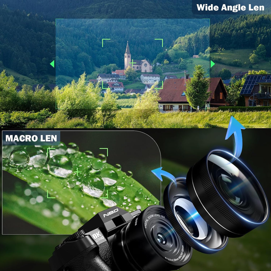 NBD 8K 64MP Digital Camera, Wi-Fi & App Control, 16X Zoom, Autofocus, Anti-Shake, 180° Flip Screen, Macro & Wide-Angle Lenses, Webcam Function, Includes 64GB TF Card & 2 Batteries（Black）