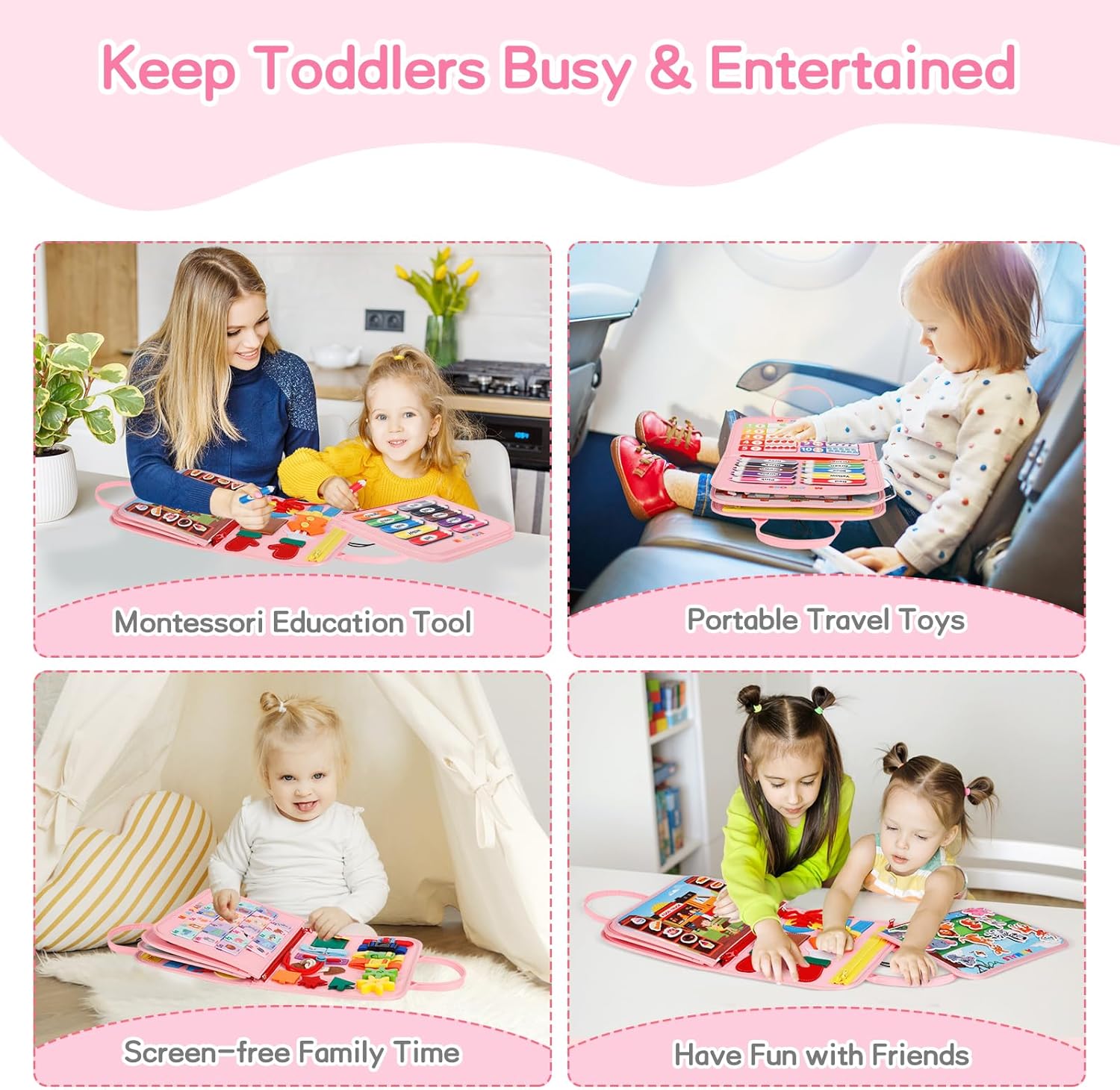 UltraCozy Busy Board, Montessori Toys for Toddlers, Toddler Sensory Toys Preschool Educational Busy Book Travel for Toddlers 3 4 5 Year Old Girls Boys Plane Car Activities Baby Quiet Book (Blue)