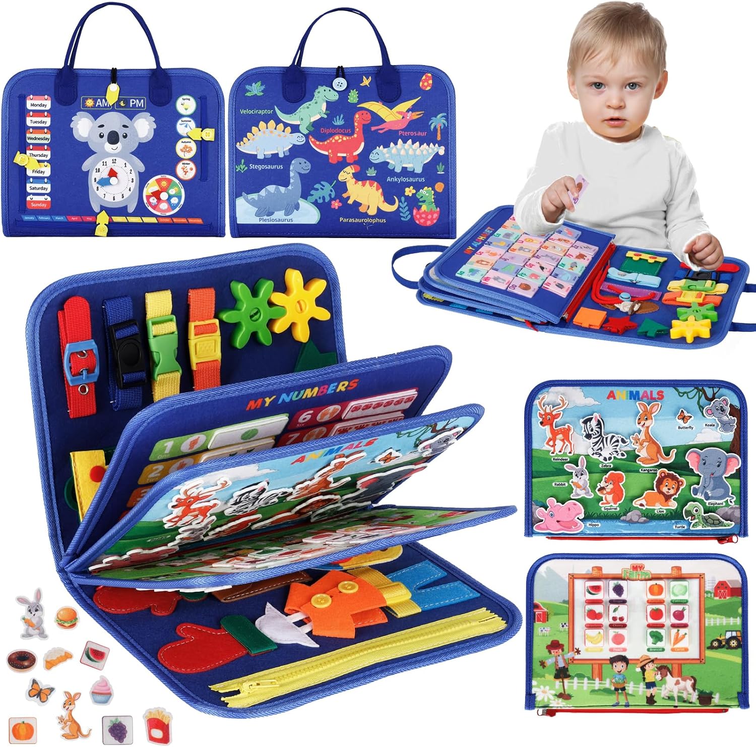 UltraCozy Busy Board, Montessori Toys for Toddlers, Toddler Sensory Toys Preschool Educational Busy Book Travel for Toddlers 3 4 5 Year Old Girls Boys Plane Car Activities Baby Quiet Book (Blue)