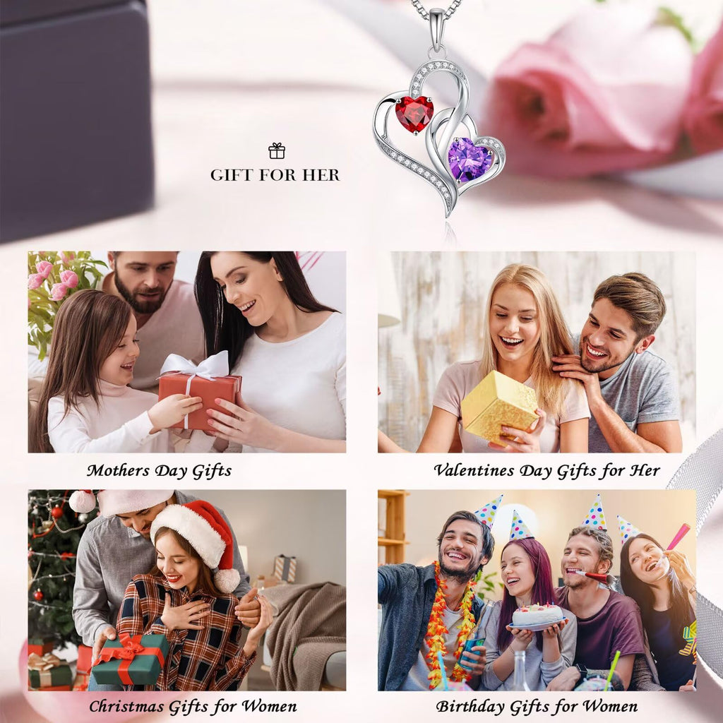 Iefil Christmas Gifts for Women - Double Heart Birthstone Necklace, 925 Sterling Silver Heart Pendant Necklace, Anniversary Birthday Gifts for Women | Personalized Jewelry Gift for Wife Mom Girlfriend