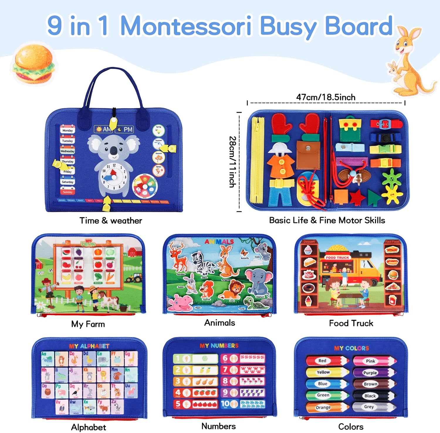 UltraCozy Busy Board, Montessori Toys for Toddlers, Toddler Sensory Toys Preschool Educational Busy Book Travel for Toddlers 3 4 5 Year Old Girls Boys Plane Car Activities Baby Quiet Book (Blue)