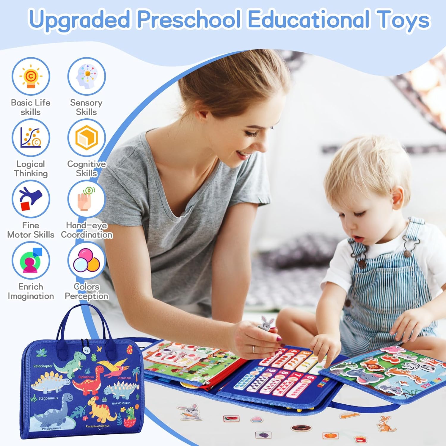 UltraCozy Busy Board, Montessori Toys for Toddlers, Toddler Sensory Toys Preschool Educational Busy Book Travel for Toddlers 3 4 5 Year Old Girls Boys Plane Car Activities Baby Quiet Book (Blue)