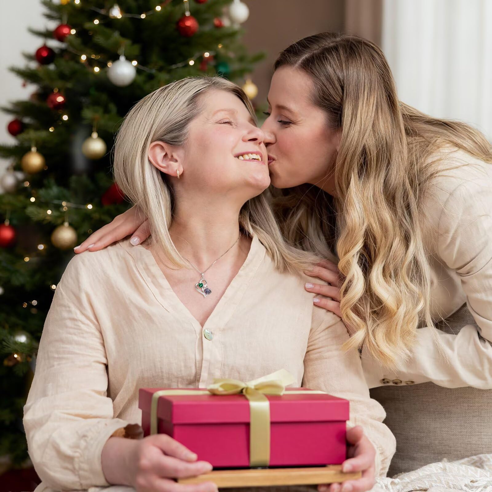 Iefil Christmas Gifts for Women - Double Heart Birthstone Necklace, 925 Sterling Silver Heart Pendant Necklace, Anniversary Birthday Gifts for Women | Personalized Jewelry Gift for Wife Mom Girlfriend