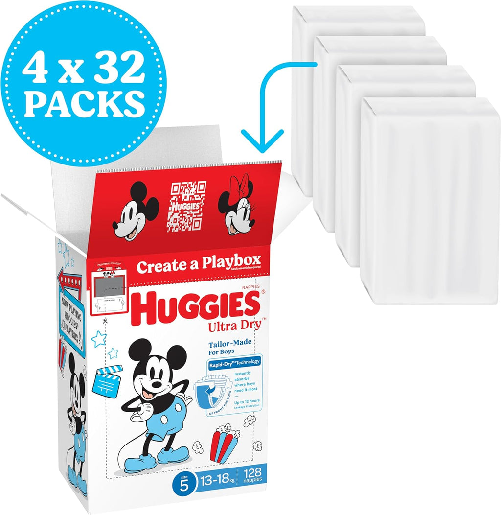 Huggies Ultra Dry Nappies Boys Size 5 (13-18kg) 128 Count - One Month Supply (Packaging May Vary)