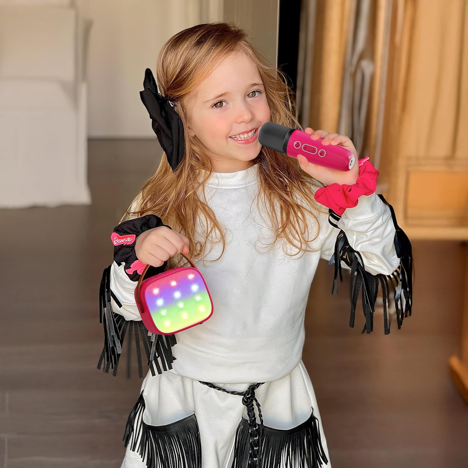 YLL Mini Karaoke Machine for Kids Adults, Portable Bluetooth Speaker with 2 Wireless Microphones,Toys Birthday Gifts for Girls Ages 4, 5, 6, 7, 8, 9, 10, 11, 12+ Years Old Toddler Teens (Pink)