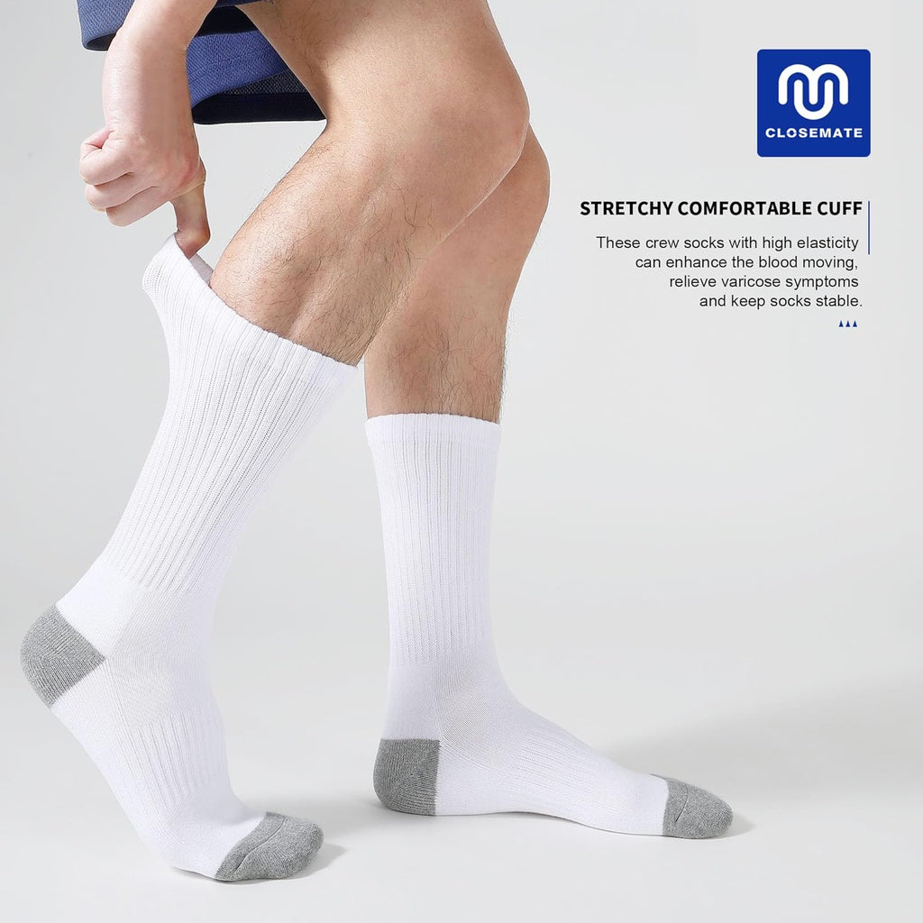 CLOSEMATE Mens Athletic Cushioned Crew Socks 6 Pairs Cotton Breathable for Work Training Sports