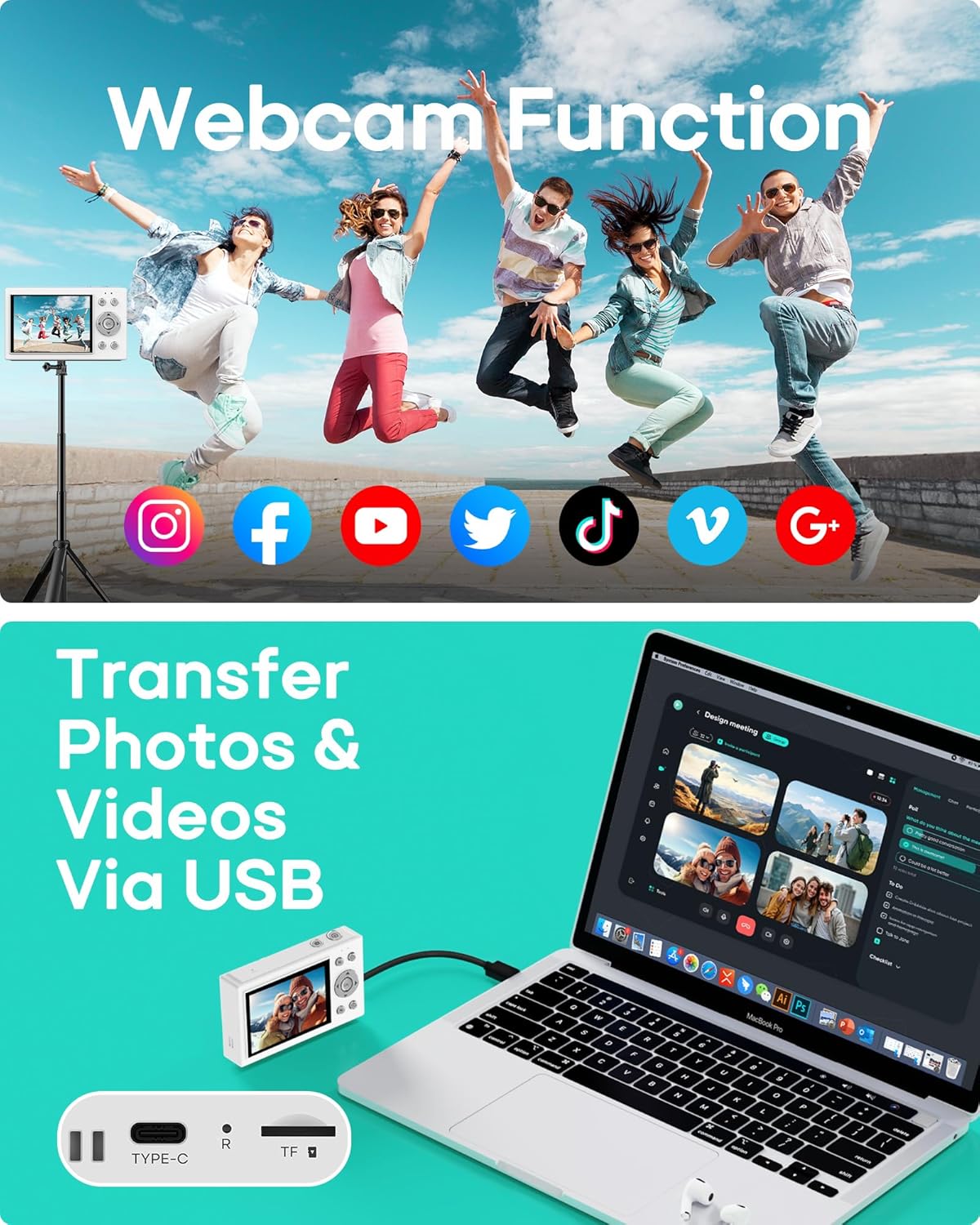 Digital Camera 4K with 64MP & 16X Digital Zoom - Autofocus Vlogging Camera with Anti-Shake, 64GB SD Card Included | Compact Travel Camera for YouTube Beginners, Teens & Adults (White)